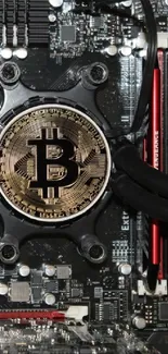 Bitcoin symbol on circuit board with red highlights.