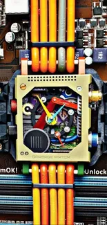 Colorful mechanical circuit art wallpaper for mobile devices.