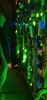 Man in a server room with glowing green lights on racks.