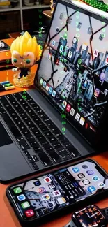 Modern tech setup with phone, tablet, and stylish desk accessories.