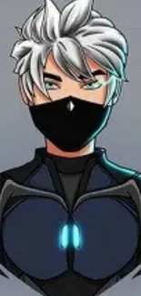 Anime character with white hair and mask in tech-themed design.