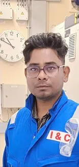 Technician in a blue uniform with a clock and equipment backdrop.