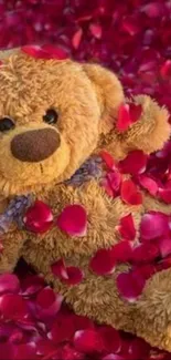 Teddy bear surrounded by vibrant red rose petals in a cozy setting.