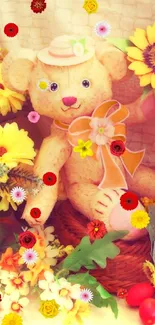 Teddy bear among sunflowers and daisies with vintage charm.