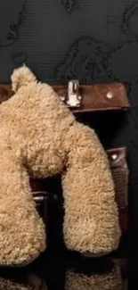 Teddy bear with suitcase on a dark world map background.