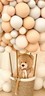 Teddy bear in basket with pastel balloons