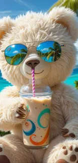 Cute teddy bear with sunglasses on tropical beach sipping a drink.