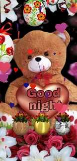 Teddy bear with heart saying 'Good Night,' surrounded by flowers and hearts.