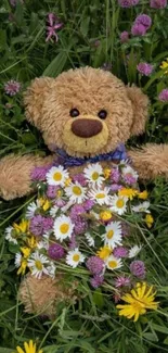 Teddy bear among colorful meadow flowers, creating a cute and natural mobile wallpaper.