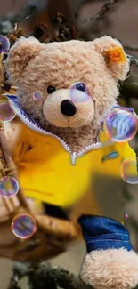 Teddy bear in yellow jacket with bubbles on branches.