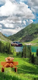 Teddy bear on bench with car in mountain landscape.