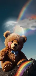 Teddy bear with a rainbow in a magical landscape.