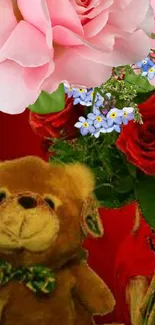 Teddy bear with vibrant roses and flowers on a red background.