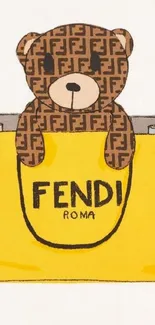 Teddy bear in a bright yellow shopping bag illustration.