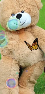 Teddy bear on grass with butterflies and bubbles.