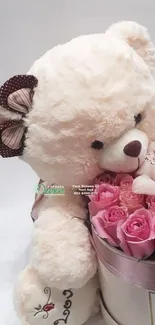 Cute teddy bear with a box of pink roses in a charming arrangement.