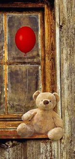 Teddy bear on ledge beside window with red balloon.