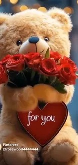 Teddy bear holding red roses and heart for you.