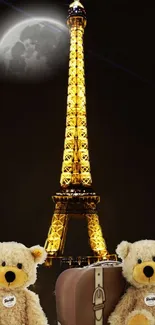 Teddy bears with suitcase beneath the luminous Eiffel Tower and moonlit sky.