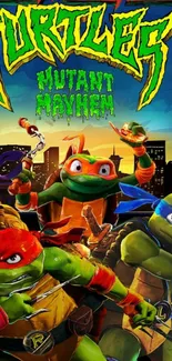 Four ninja turtles ready for action at night cityscape.