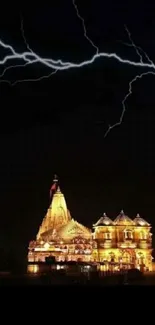 Temple illuminated by lightning under night sky wallpaper.