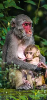 Monkey family bonding in lush green forest.