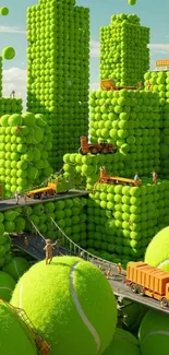 Tennis ball cityscape featuring creative architecture and vehicles on a sunny day.