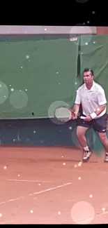 Tennis player in action on a court with a green backdrop.