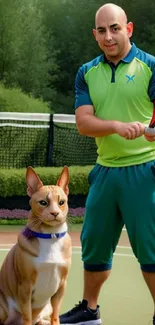 Man with tennis racket and cat on court.