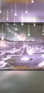 Teotihuacan at night with starry sky and mountains in a purple hue.