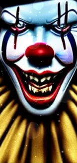 Sinister clown with red hair in dark wallpaper theme.