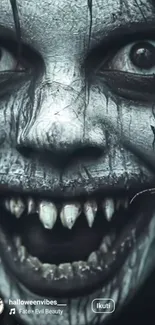 Horrifying close-up of a monstrous face with dark, eerie features and ghoulish expression.