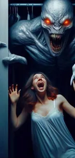 A terrifying monster with glowing red eyes menaces a screaming woman.