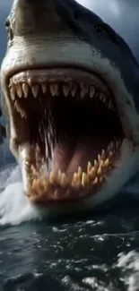 Fierce shark attack in ocean with open jaws.
