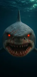 A fierce shark swimming underwater with its jaws open.