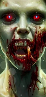 Terrifying zombie with red eyes and blood-stained face, horror wallpaper