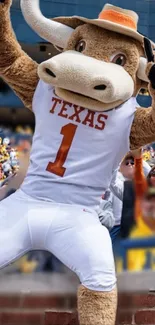 Texas bull mascot cheering at sports event