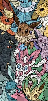 Colorful mosaic of Eevee evolutions in vibrant artistic wallpaper.