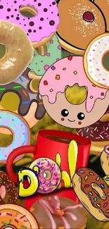 Colorful wallpaper with various donuts and a coffee cup.