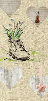 Artistic wallpaper with a boot and heart shapes on textured beige background.