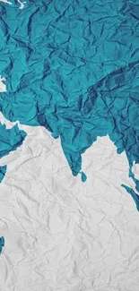 Crumpled paper wallpaper featuring a teal world map.