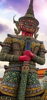 Thai guardian statue at a vibrant temple.