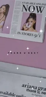 Trendy 'Thank U Next' wallpaper with pink background and stylish newspaper layout.