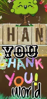 Vibrant thank you wallpaper with floral elements and colorful text.