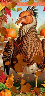 Thanksgiving turkey with autumn leaves and pumpkins.