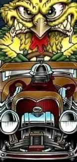 Thanksgiving themed cartoon chicken driving a hot rod with fiery accents.