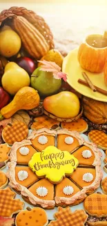 Thanksgiving harvest feast with autumn fruits, pumpkins, and festive cookies on display.