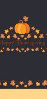 Thanksgiving wallpaper with pumpkins and leaves on a dark blue background.