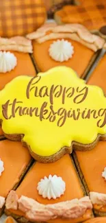 Thanksgiving wallpaper with pumpkin pie slices and a festive yellow message.