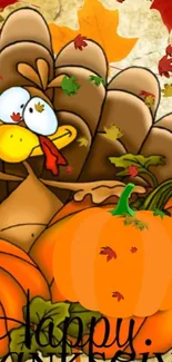 Thanksgiving turkey with pumpkins and leaves on wallpaper.